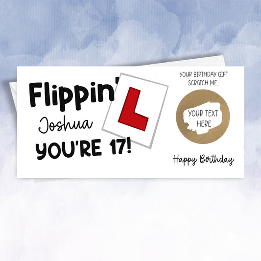 Personalised 17th Birthday Scratch Card, Gift Voucher, Driving lessons reveal.