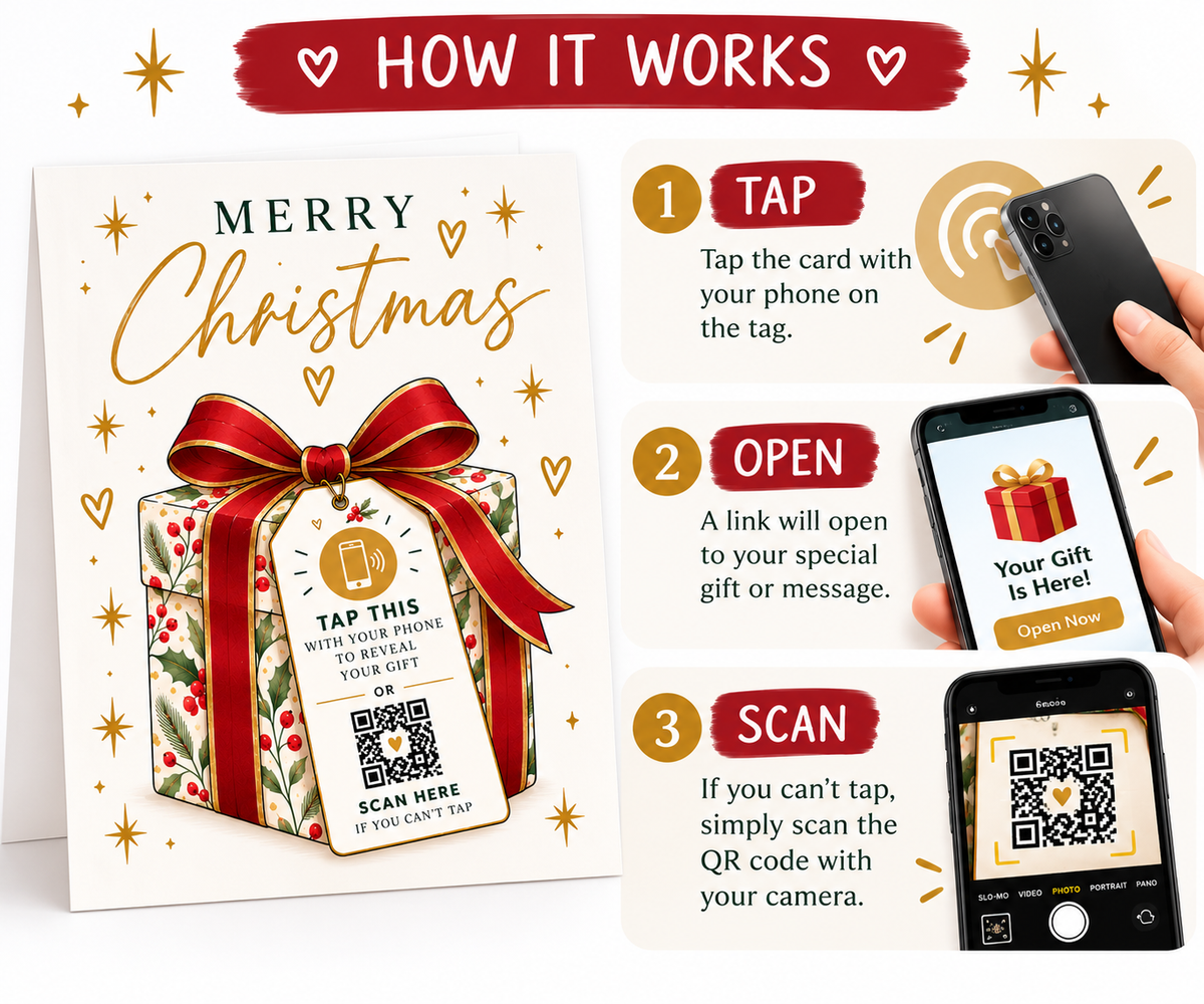 Personalised NFC Christmas Card Tap to Reveal Gift QR Code Surprise Xmas