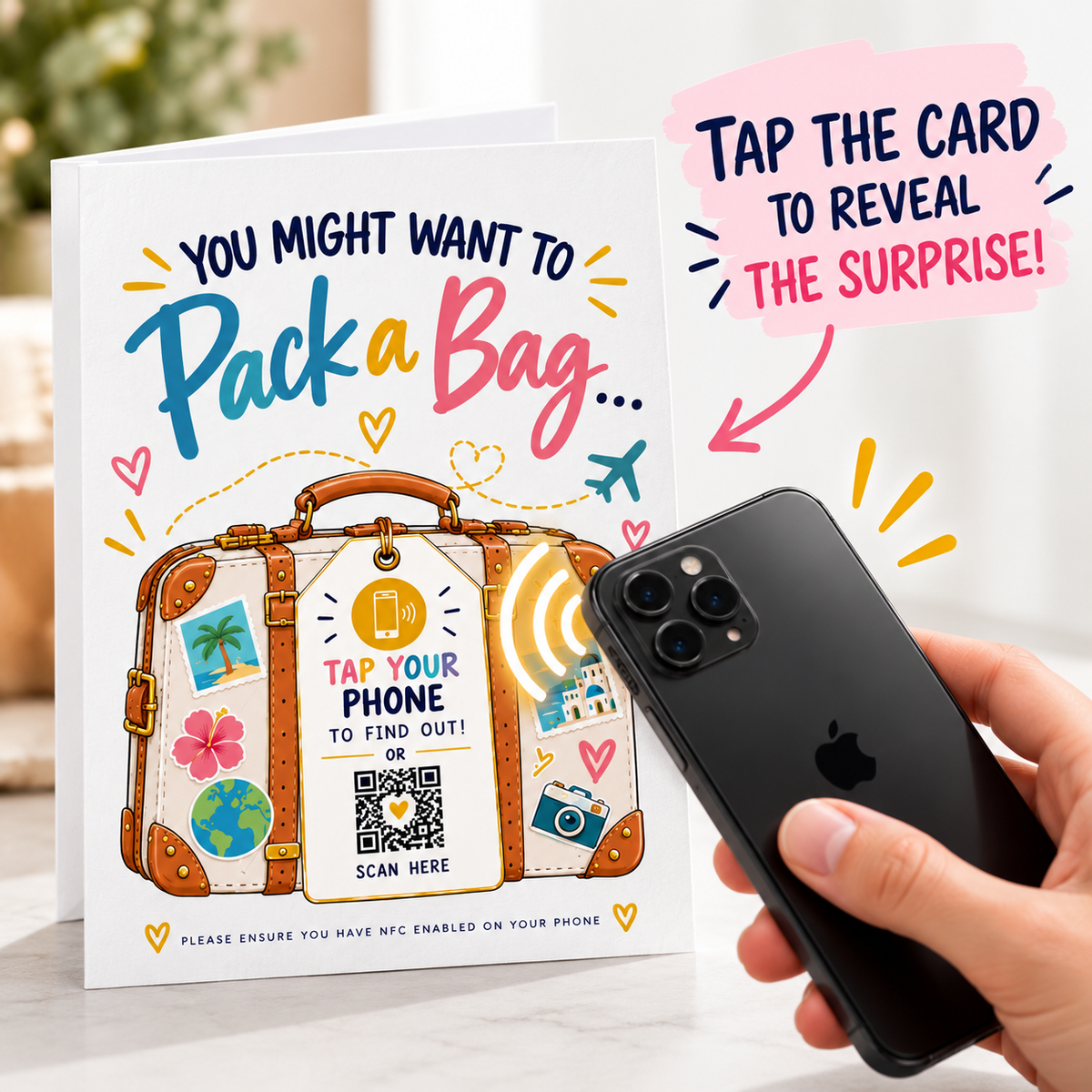 Personalised NFC Surprise Holiday Reveal Card Tap to Reveal Trip QR Travel Gift