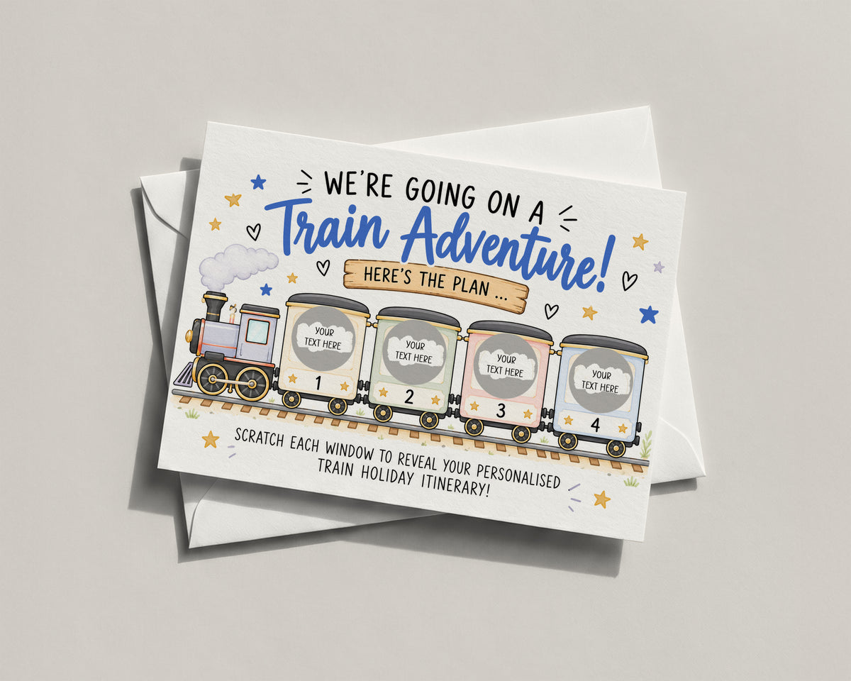 Personalised Train Adventure Scratch Off Card Holiday Trip Itinerary Surprise Reveal
