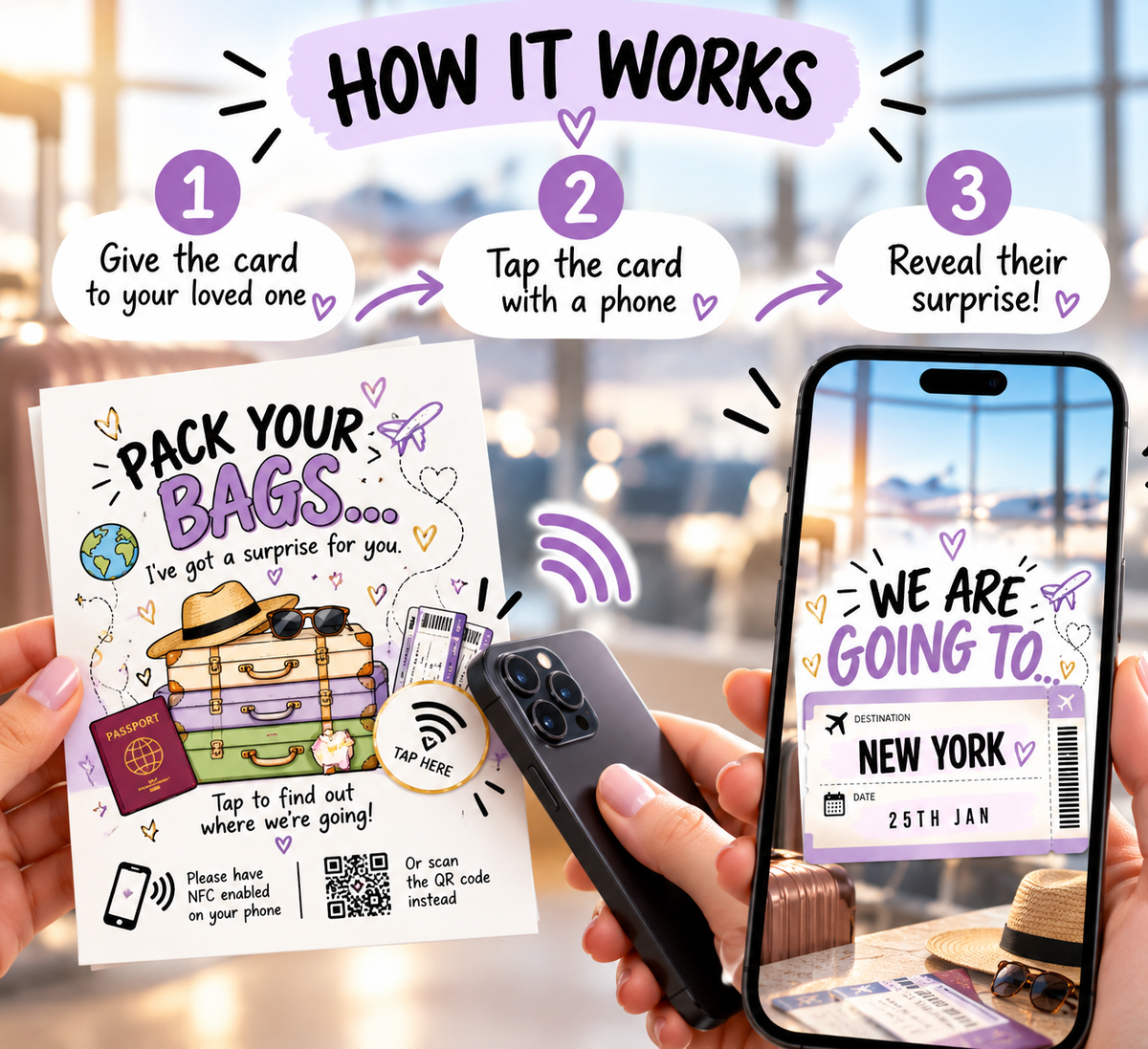 Personalised Holiday Reveal NFC Card Surprise Trip Gift Tap QR Code Travel Card
