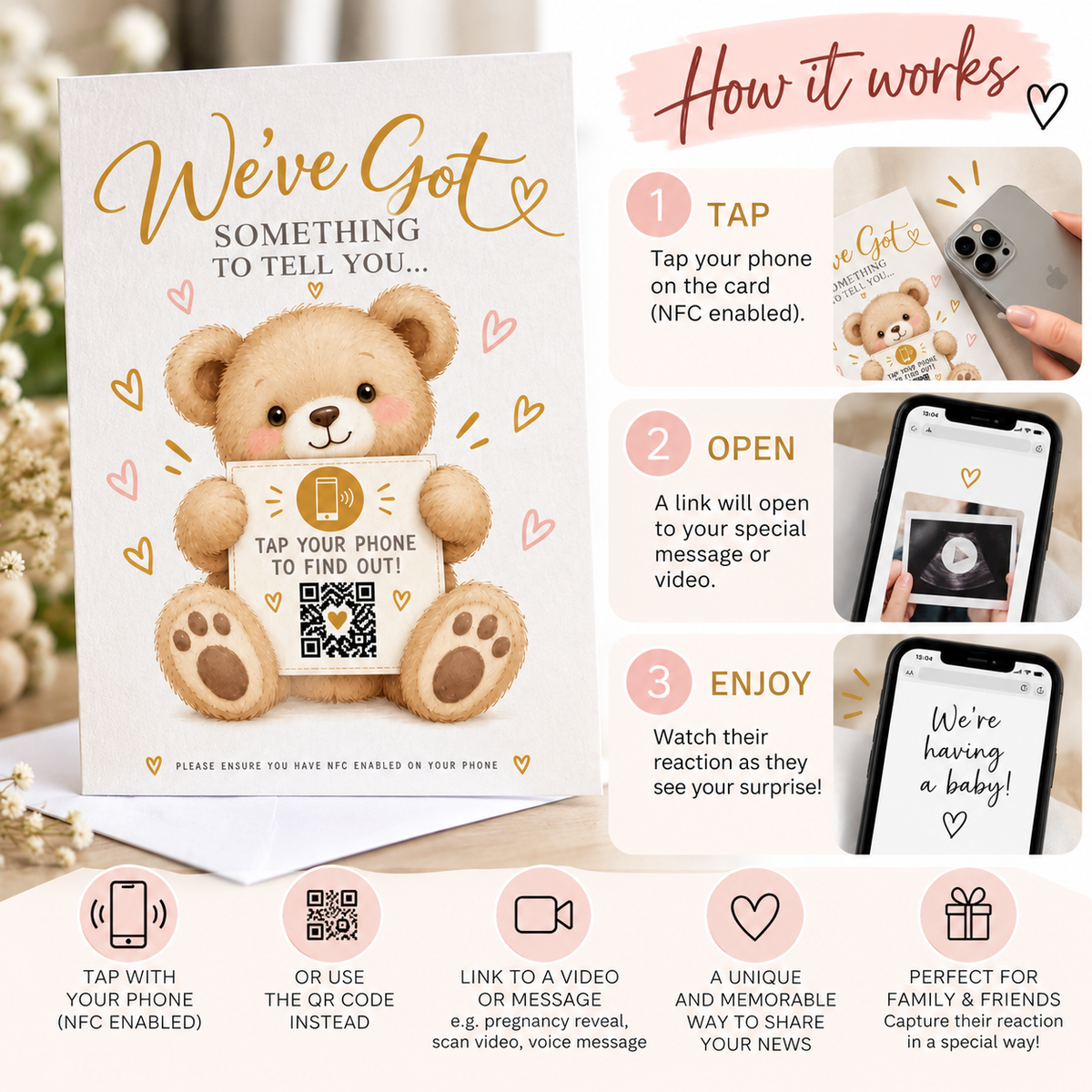 Personalised NFC Pregnancy Reveal Card Tap to Reveal Baby Announcement QR Scan