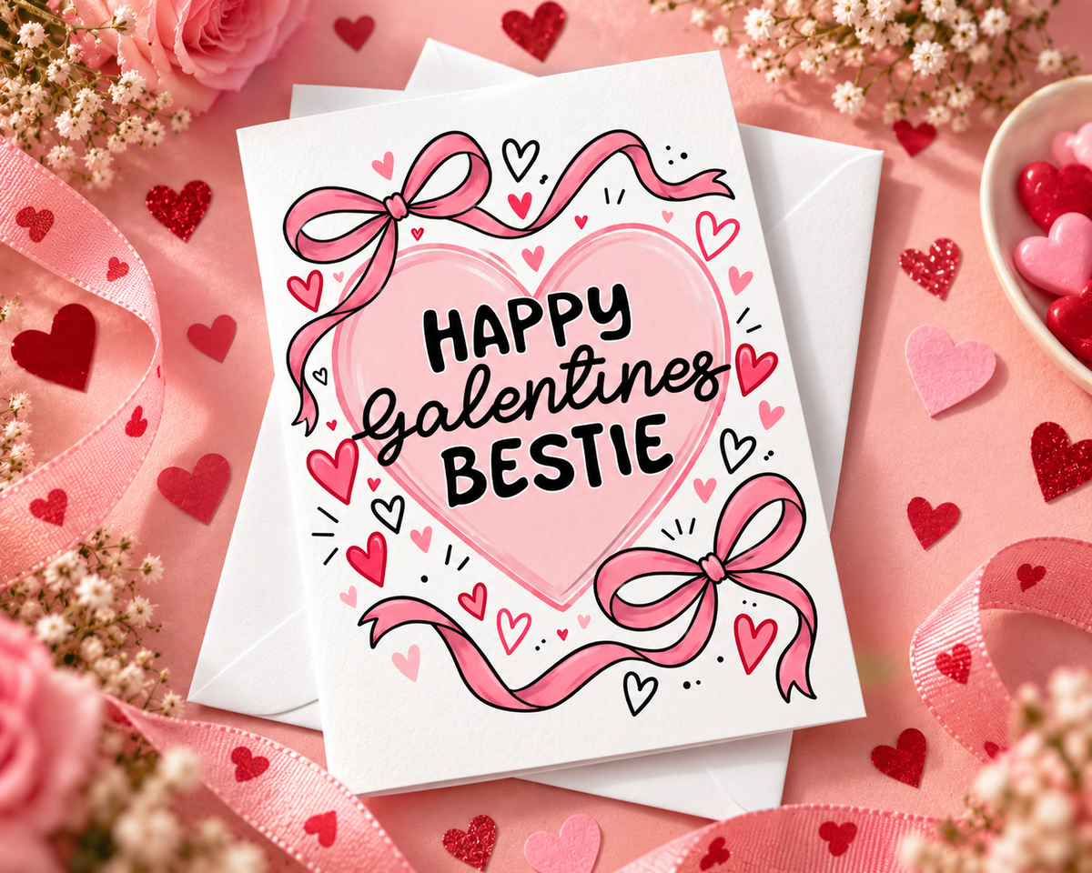 Happy Galentines Bestie Card Cute Best Friend Valentines Day Pink Bow Hearts