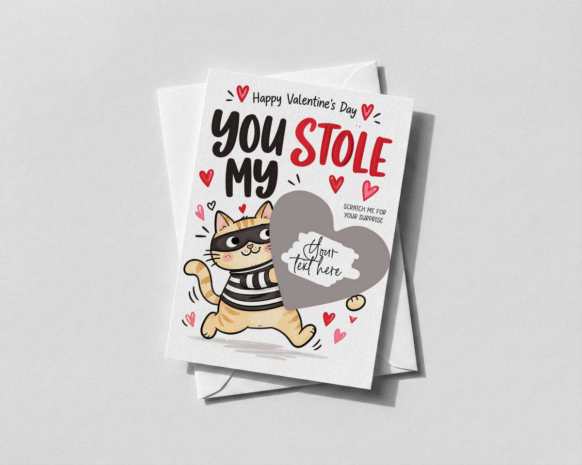 Funny Valentines Scratch Off Card, You Stole My Heart Cat Card, Personalised Surprise Reveal, Cute Valentines Gift for Him or Her