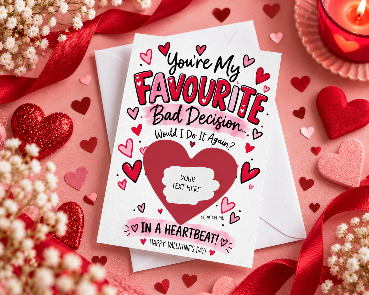 Funny Valentines Scratch Off Card You're My Favourite Bad Decision Personalised