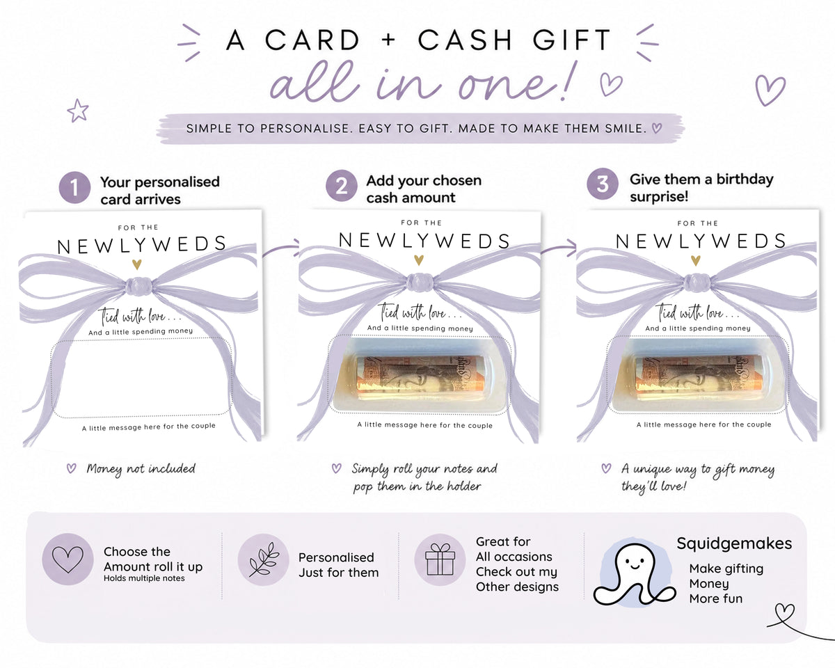 Personalised Wedding Money Holder, Newlywed Cash Gift Card, Modern Bow Couple Keepsake
