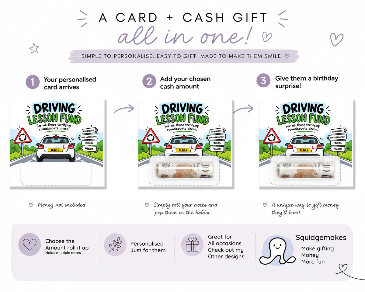 Personalised Driving Lesson Fund Money Holder Card 17th Birthday Learner Driver Gift
