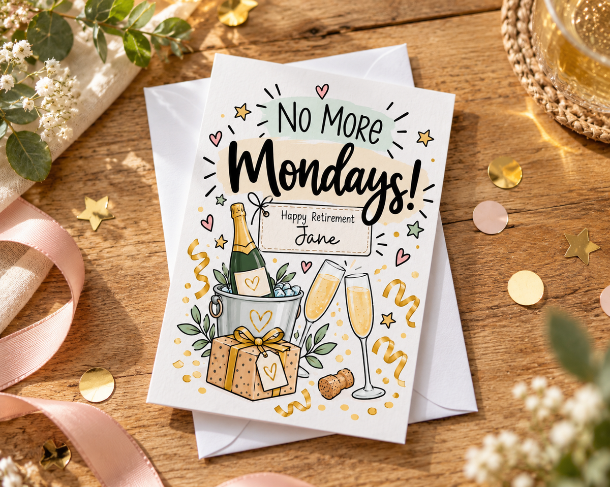 Personalised Retirement Card No More Mondays Funny Leaving Work Colleague Gift