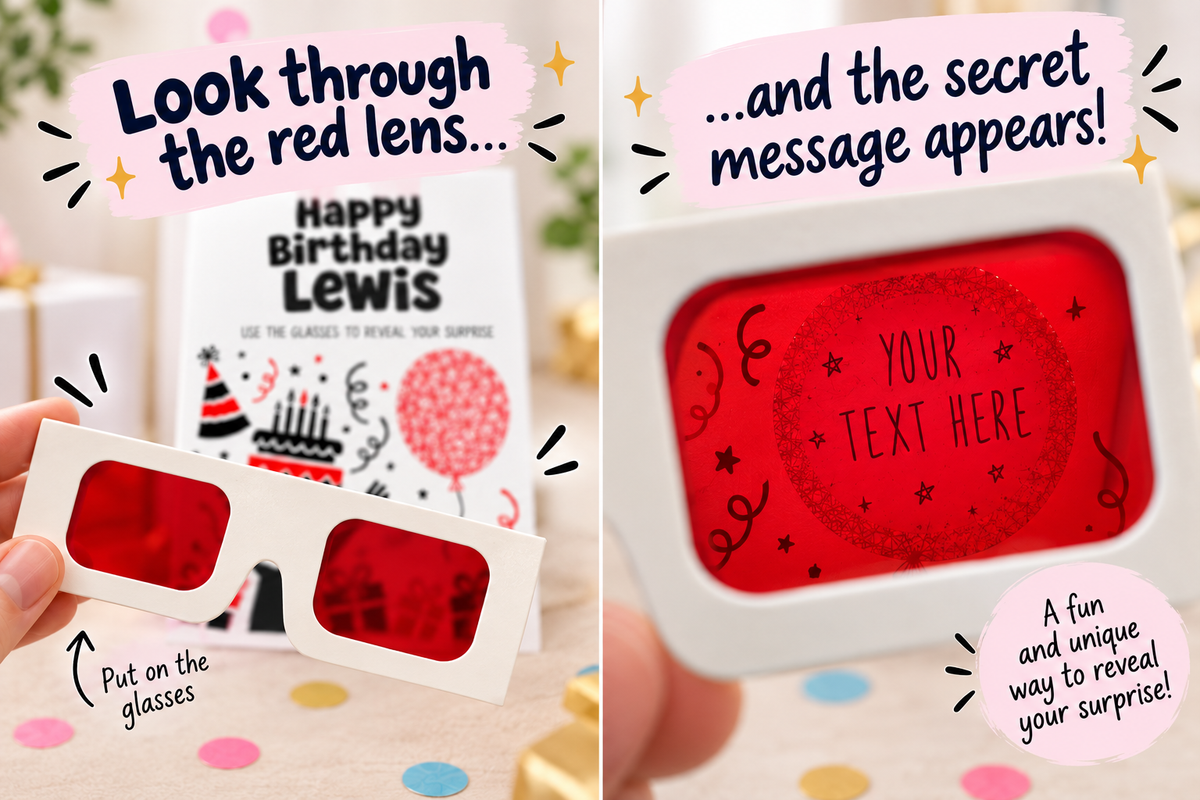 Personalised Birthday Surprise Reveal Card Secret Message Red Glasses Gift