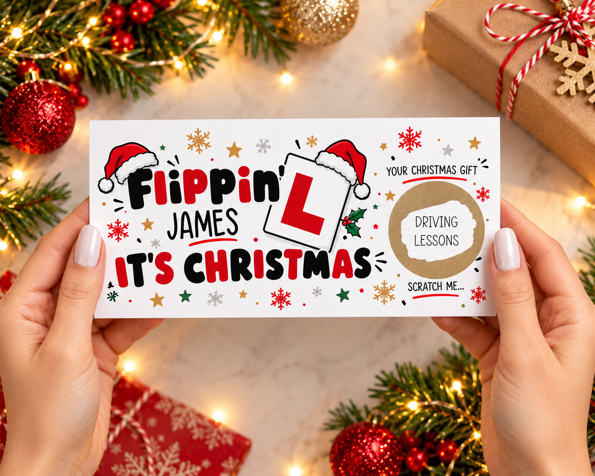 Personalised Scratch‑Off Gift Voucher • Christmas Driving Lesson or Experience Reveal Card
