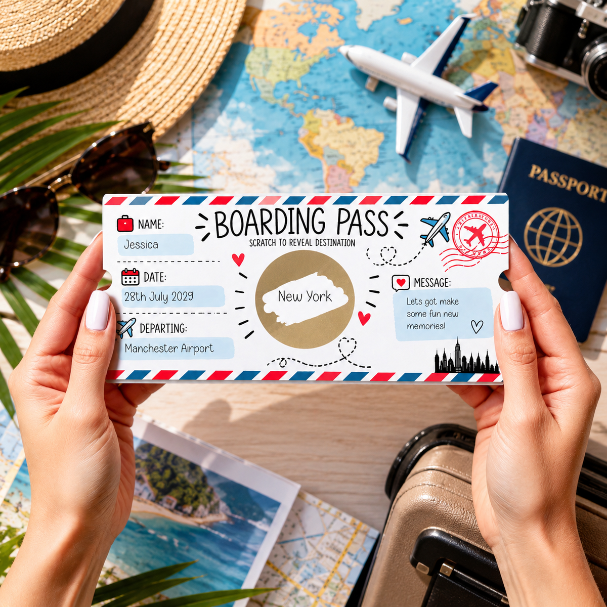 Personalised Boarding Pass Scratch Off Card Surprise Holiday Trip Reveal Gift
