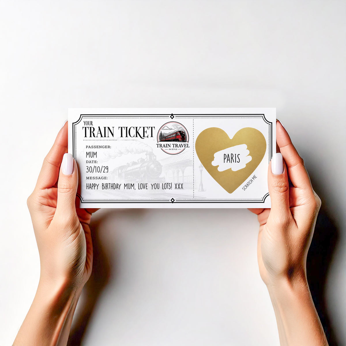 Personalised Train Ticket Scratch Off Card Heart Surprise Trip Reveal Gift Voucher