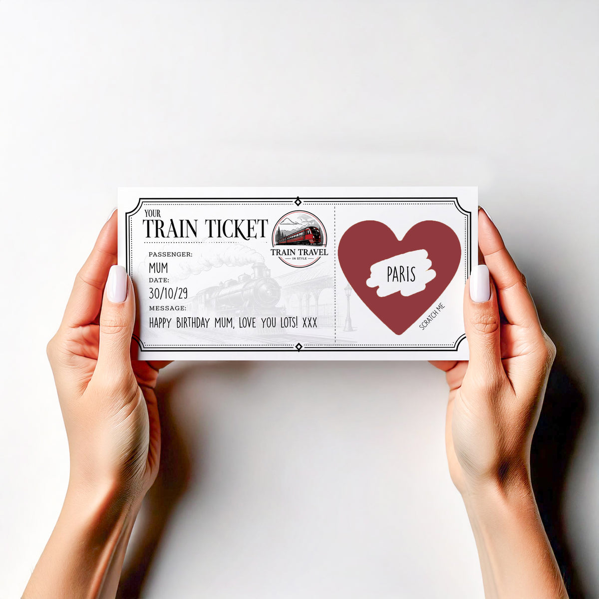 Personalised Train Ticket Scratch Off Card Heart Surprise Trip Reveal Gift Voucher