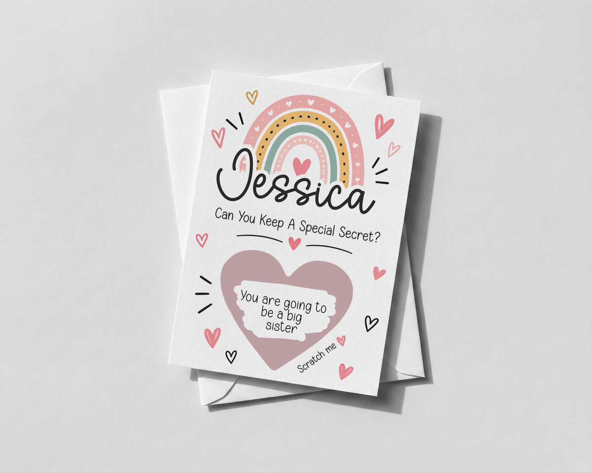 Personalised Big Sister Pregnancy Reveal Scratch Off Card New Baby Announcement