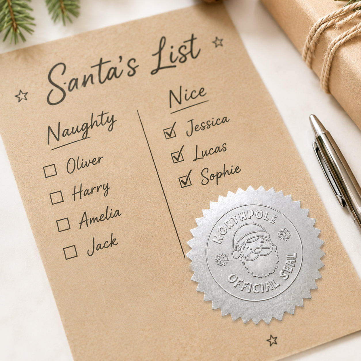 Silver Foil Santa Stickers – Hand‑Stamped North Pole Christmas Labels