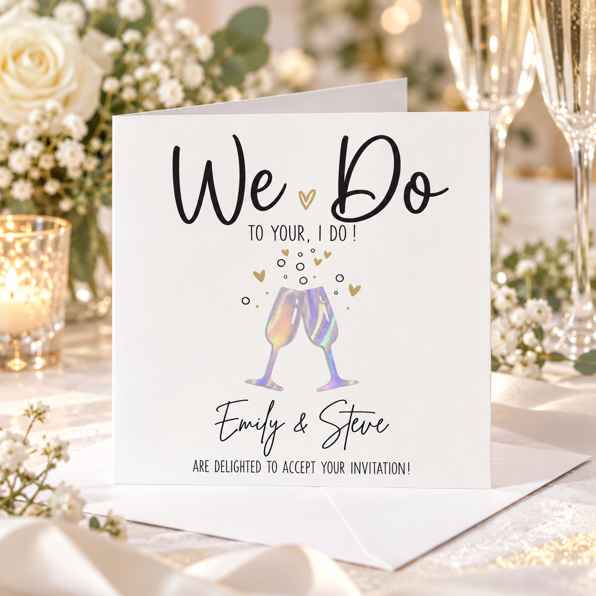 Personalised Wedding Acceptance RSVP Card We Do To Your I Do Holographic Glasses
