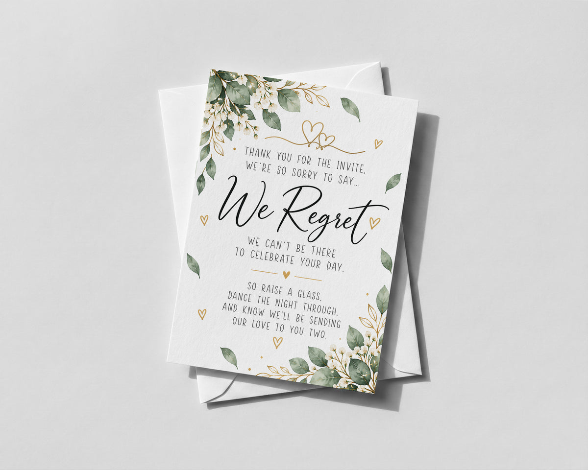 Wedding RSVP Regret Card Sorry We Can't Attend Wedding Invitation Decline Reply