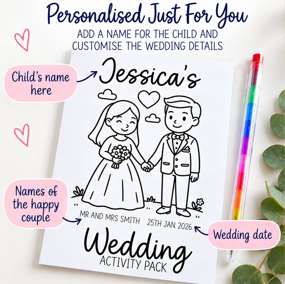 Personalised Kids Wedding Activity Pack Colouring Book Table Favour With Pen