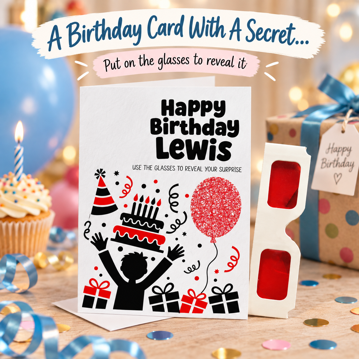 Personalised Birthday Surprise Reveal Card Secret Message Red Glasses Gift