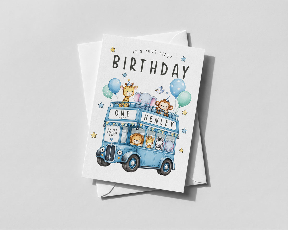 Personalised Kids Birthday Card Any Age Name Son Daughter Grandson Animal Bus