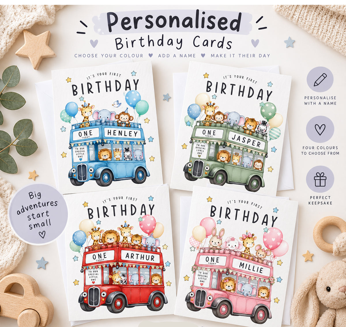 Personalised Kids Birthday Card Any Age Name Son Daughter Grandson Animal Bus