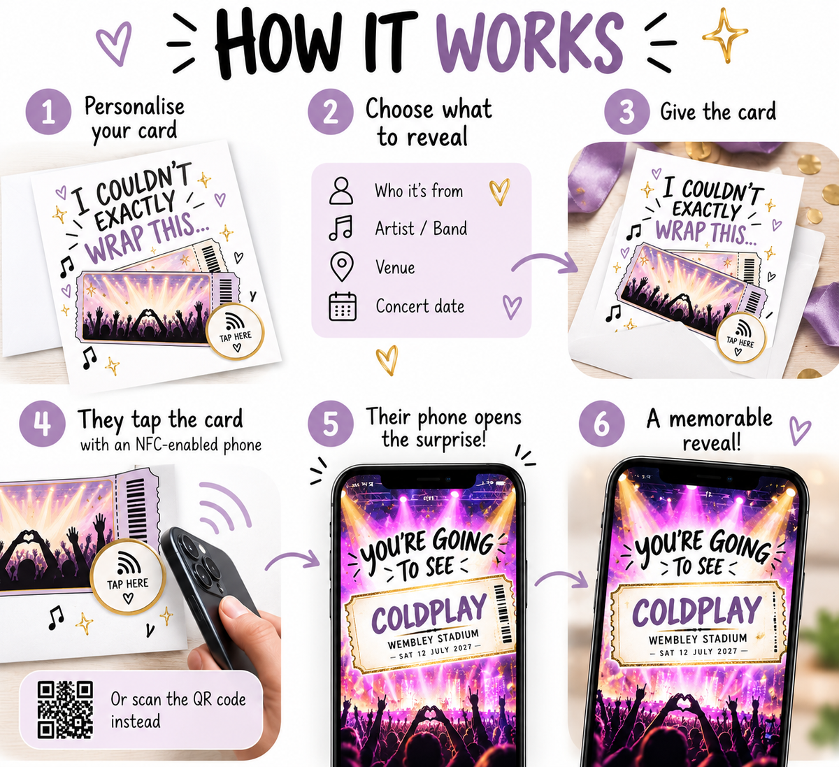 Personalised Concert Reveal NFC Card QR Code Gig Ticket Surprise Gift Birthday