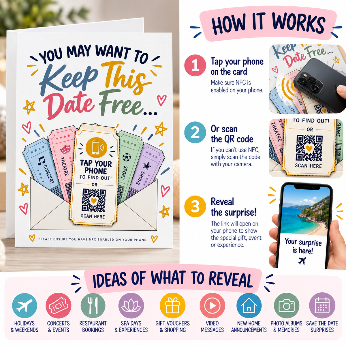 Personalised NFC Ticket Reveal Card Tap to Reveal Concert Theatre Sports Tickets QR Gift