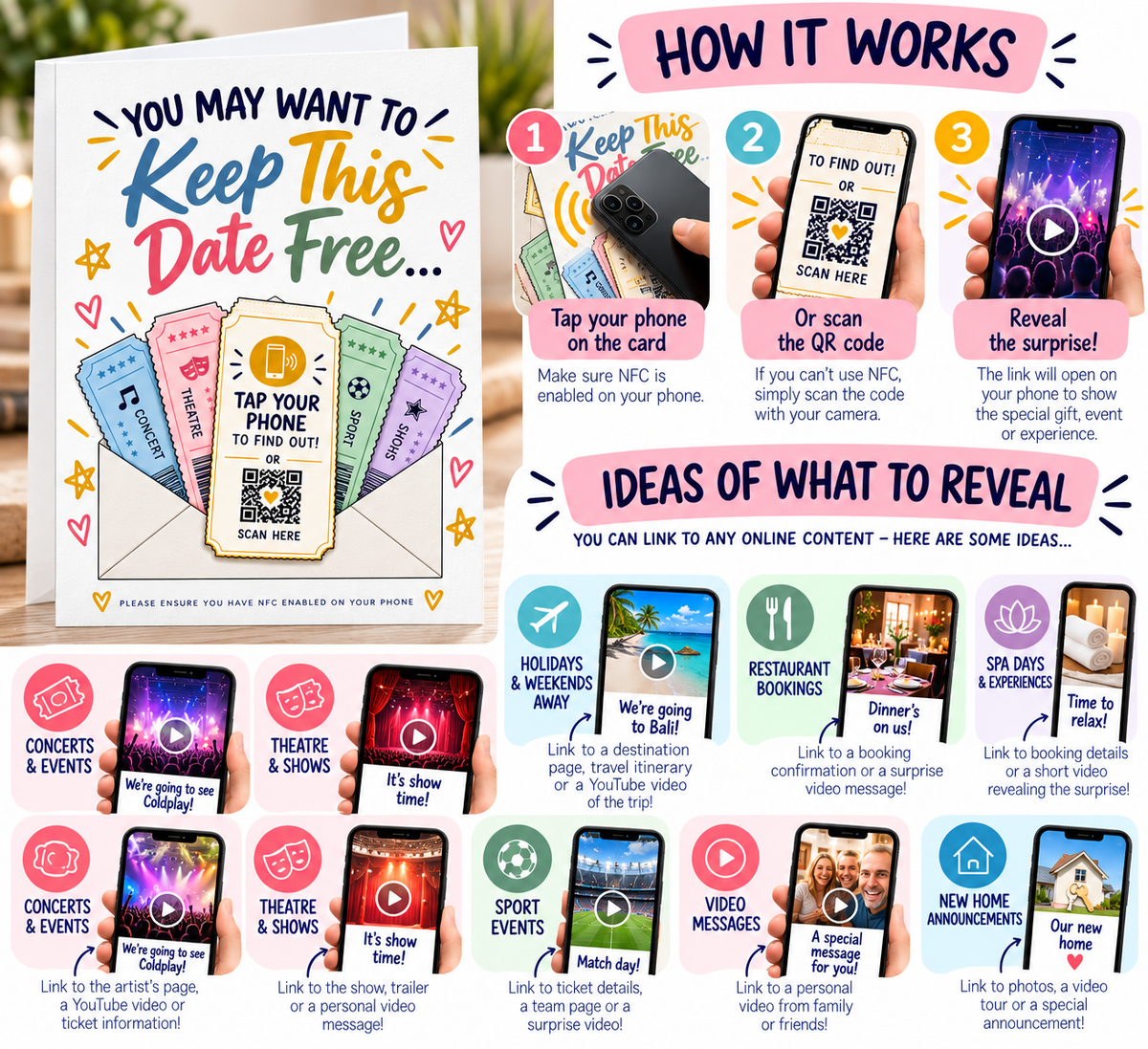 Personalised NFC Ticket Reveal Card Tap to Reveal Concert Theatre Sports Tickets QR Gift