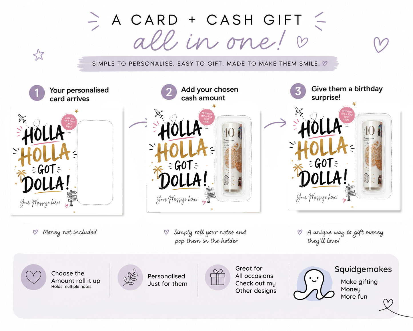 Personalised Money Holder Card Birthday Travel Holiday Cash Gift Holla Holla