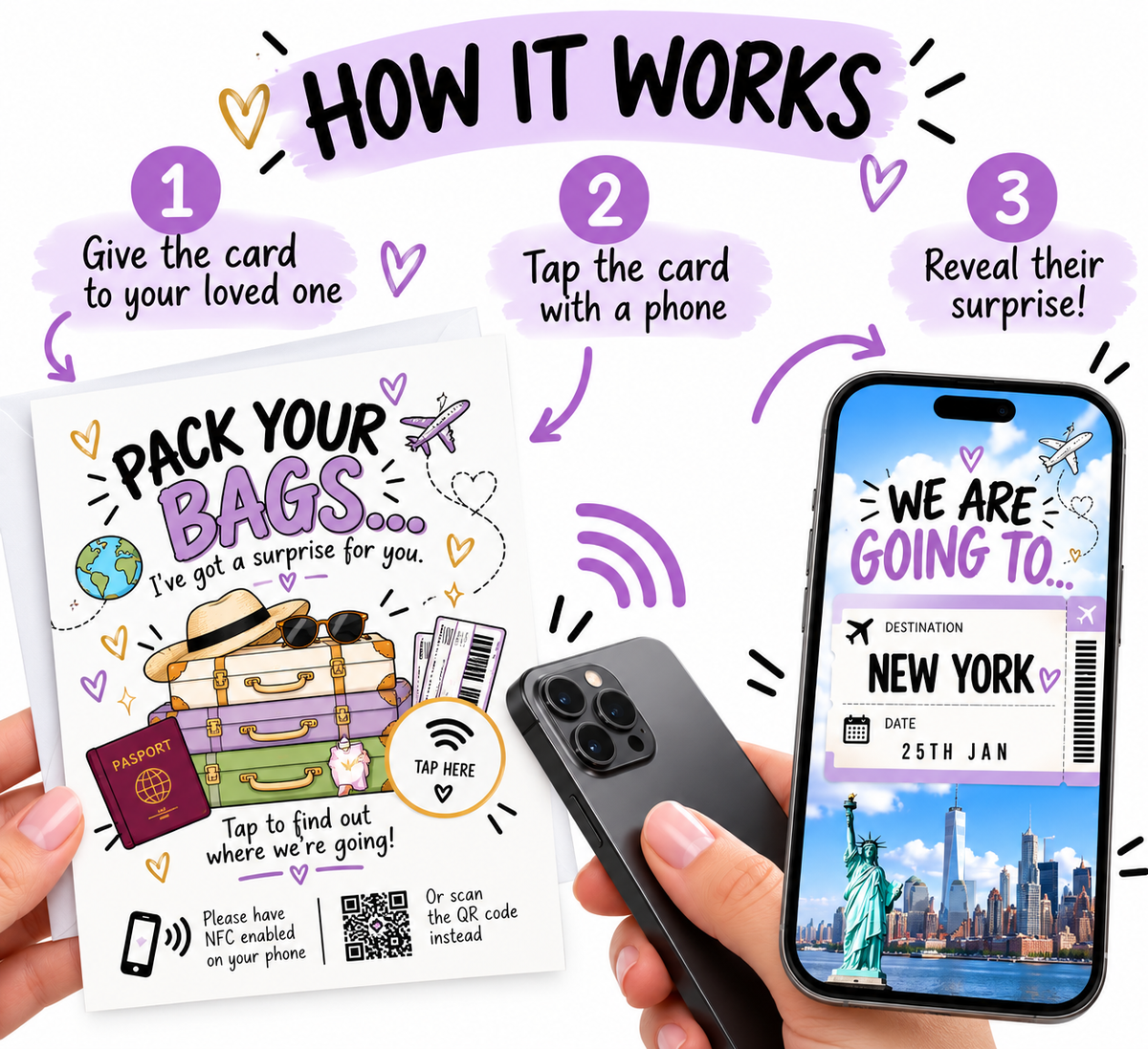 Personalised Holiday Reveal NFC Card Surprise Trip Gift Tap QR Code Travel Card