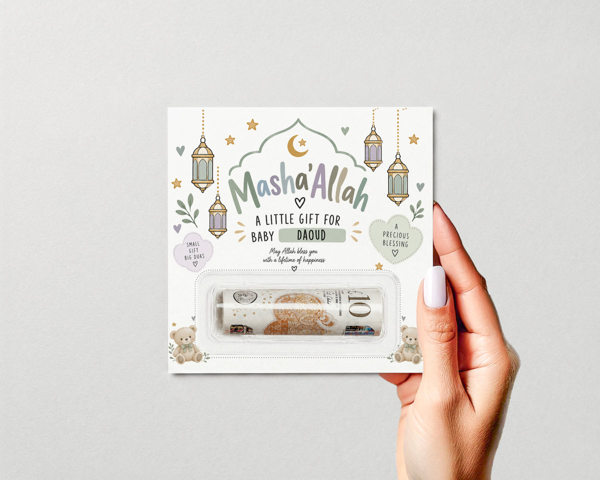 Personalised Aqiqah Money Holder Muslim New Baby Gift MashaAllah Cash Gift Card