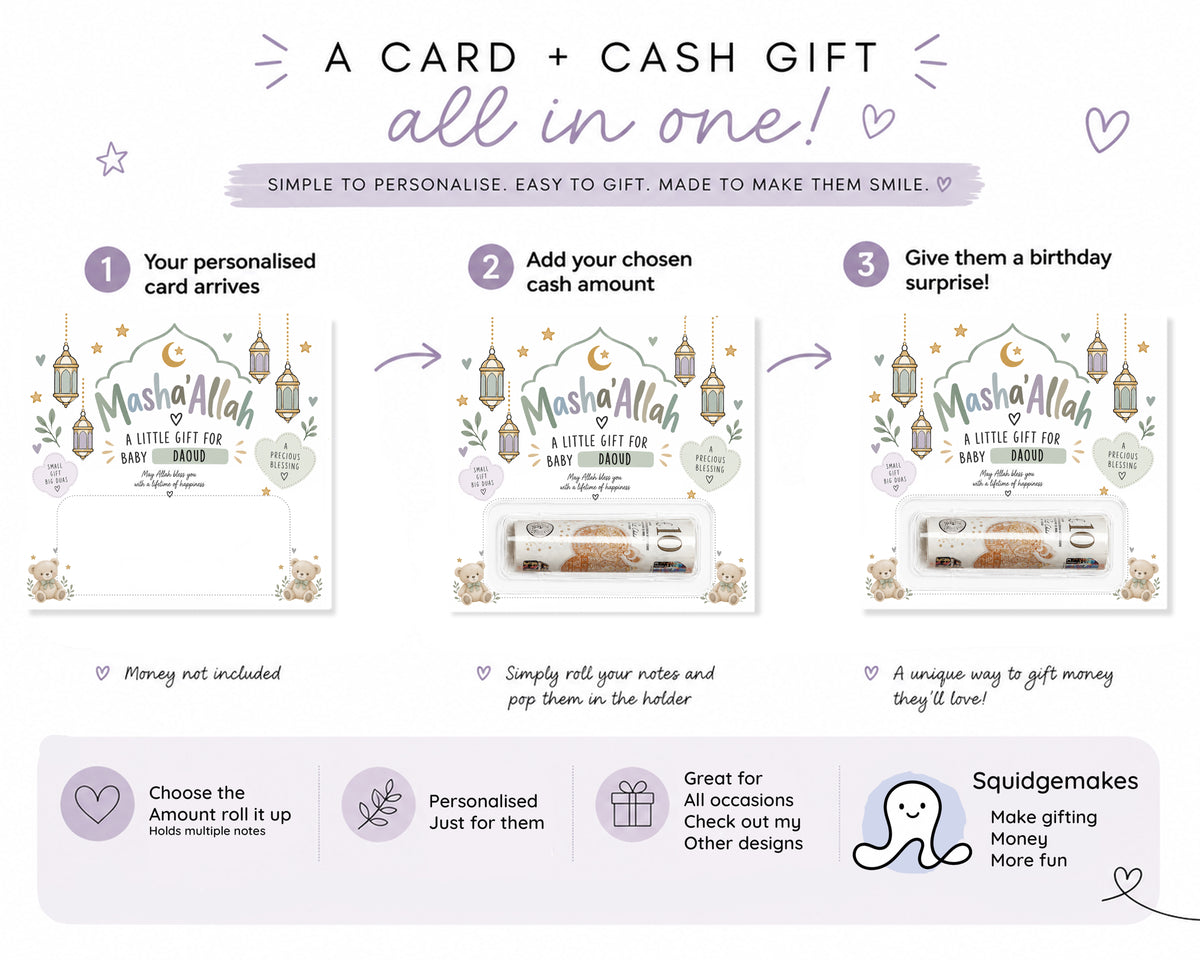 Personalised Aqiqah Money Holder Muslim New Baby Gift MashaAllah Cash Gift Card