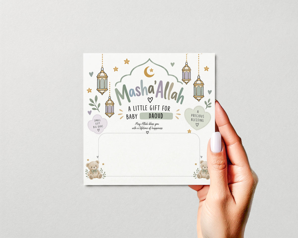 Personalised Aqiqah Money Holder Muslim New Baby Gift MashaAllah Cash Gift Card