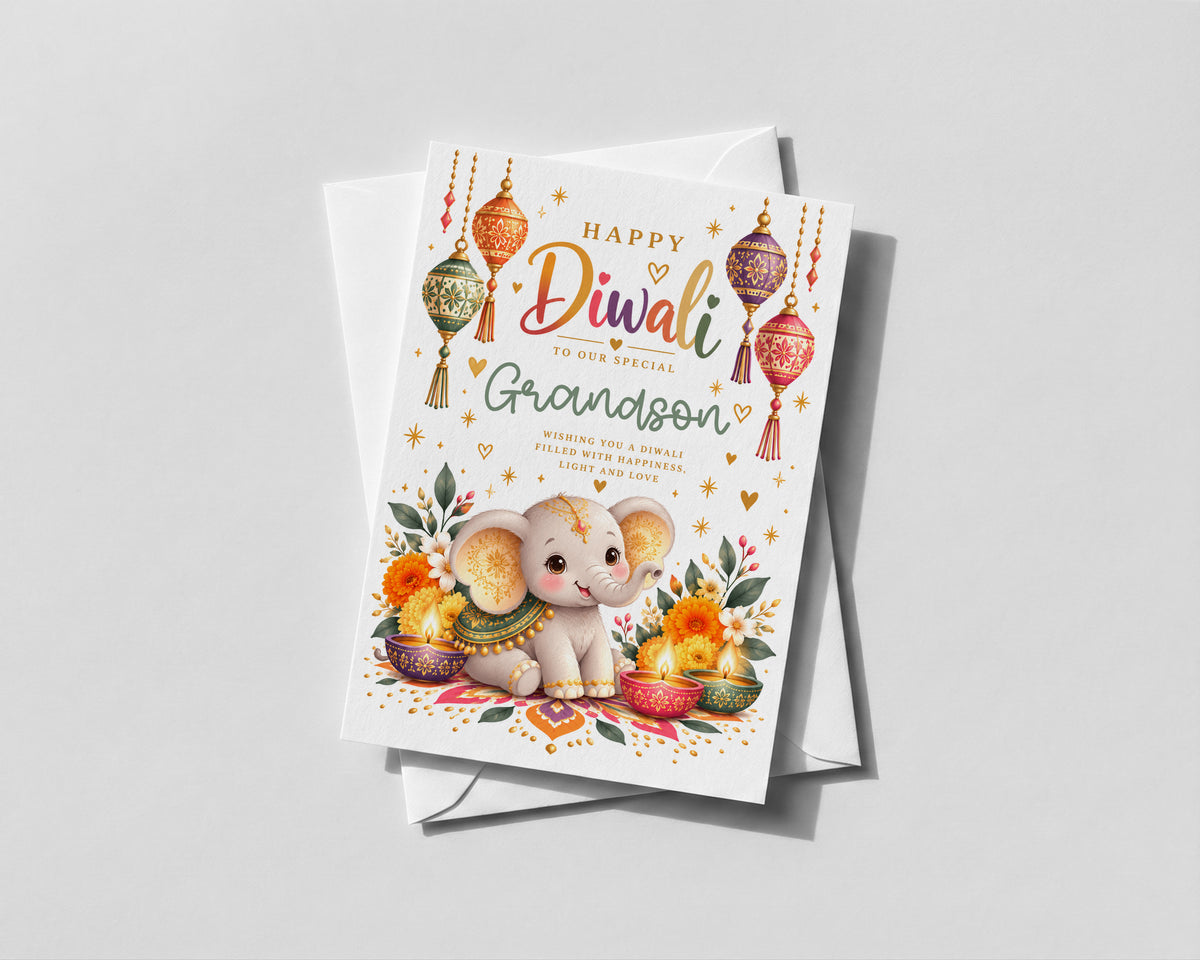 Personalised Diwali Card Grandson Granddaughter Kids Child Name Elephant Greeting