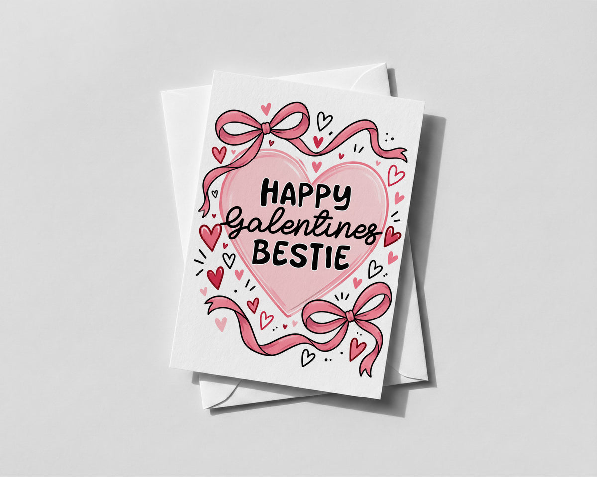Happy Galentines Bestie Card Cute Best Friend Valentines Day Pink Bow Hearts
