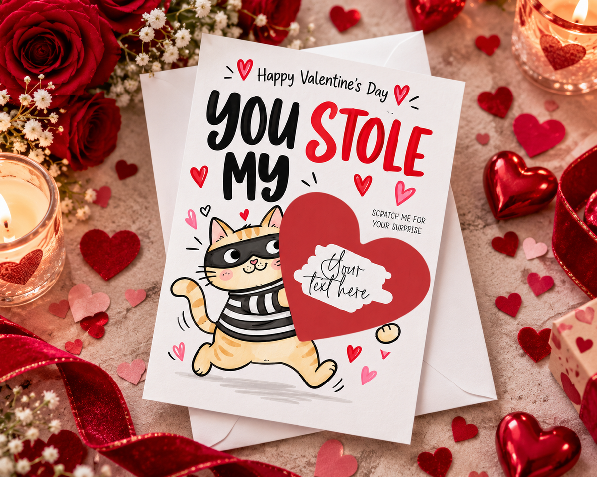 Funny Valentines Scratch Off Card, You Stole My Heart Cat Card, Personalised Surprise Reveal, Cute Valentines Gift for Him or Her