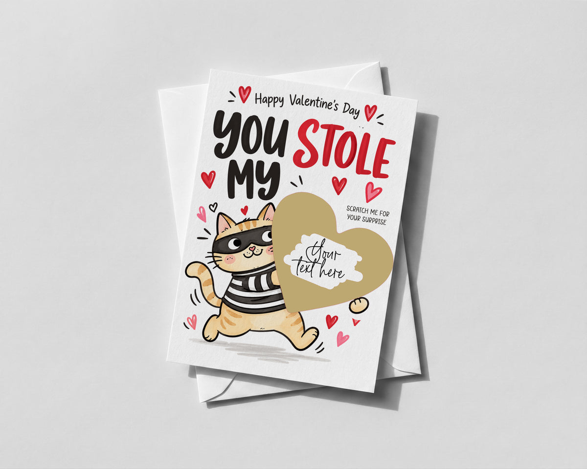 Funny Valentines Scratch Off Card, You Stole My Heart Cat Card, Personalised Surprise Reveal, Cute Valentines Gift for Him or Her
