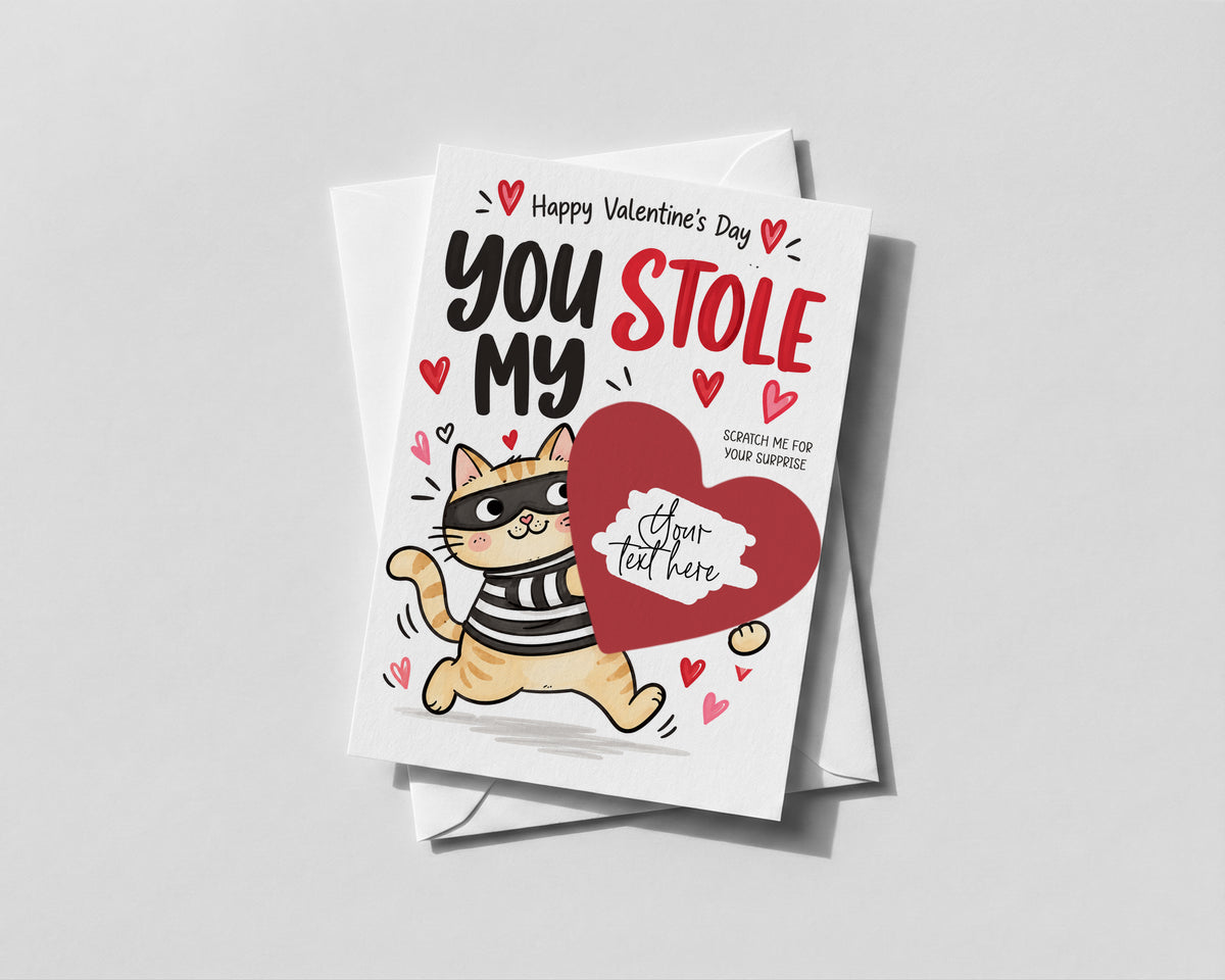 Funny Valentines Scratch Off Card, You Stole My Heart Cat Card, Personalised Surprise Reveal, Cute Valentines Gift for Him or Her