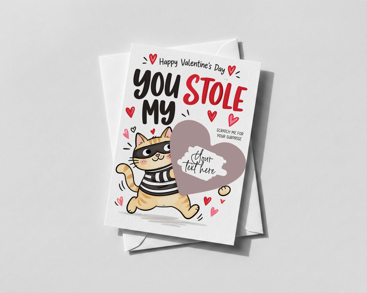 Funny Valentines Scratch Off Card, You Stole My Heart Cat Card, Personalised Surprise Reveal, Cute Valentines Gift for Him or Her