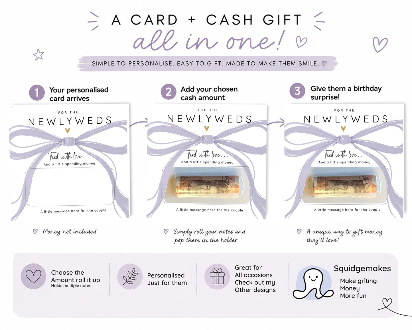 Personalised Wedding Money Holder, Newlywed Cash Gift Card, Modern Bow Couple Keepsake