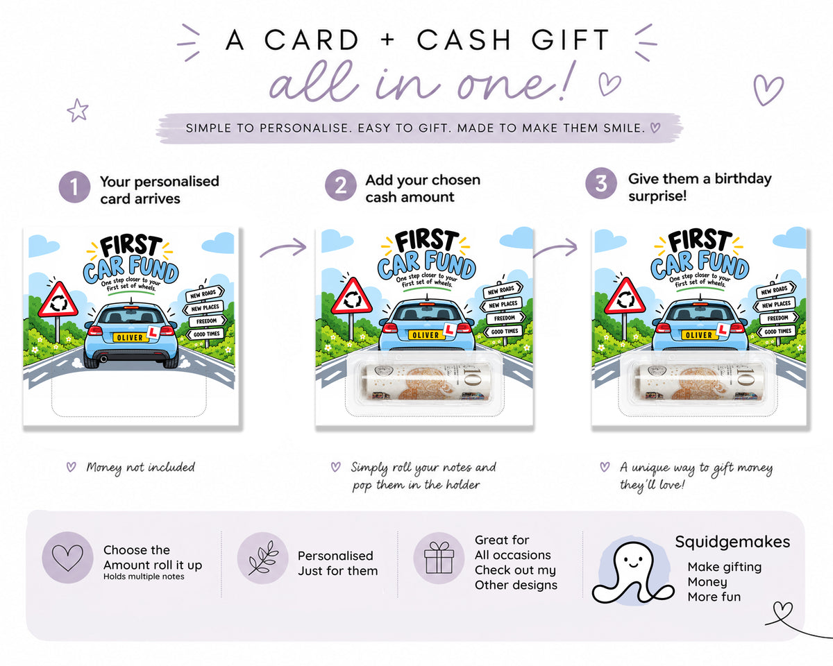 Personalised First Car Fund Money Holder Card 17th Birthday New Driver Gift