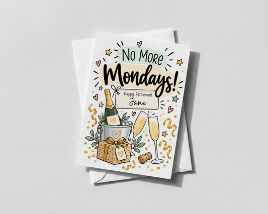 Personalised Retirement Card No More Mondays Funny Leaving Work Colleague Gift