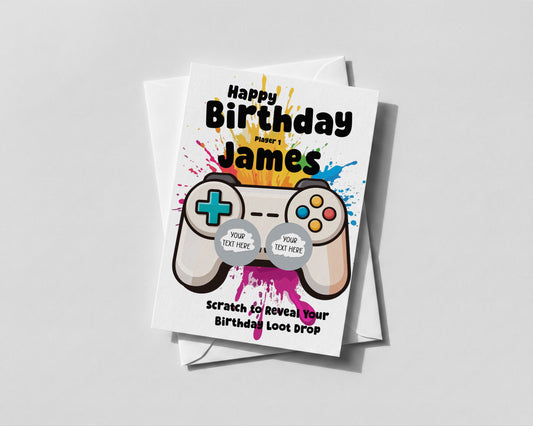 Personalised Birthday Gamer Scratch Card Loot Drop For him Kids Teens Surprise