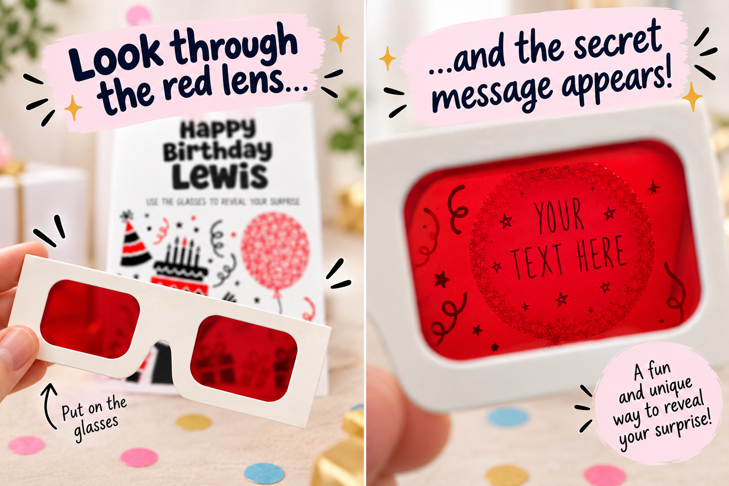 Personalised Birthday Surprise Reveal Card Secret Message Red Glasses Gift
