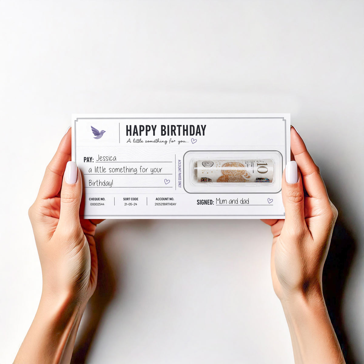 Personalised Birthday Cheque Money Holder Card Cash Gift Wallet Him Her Any Age