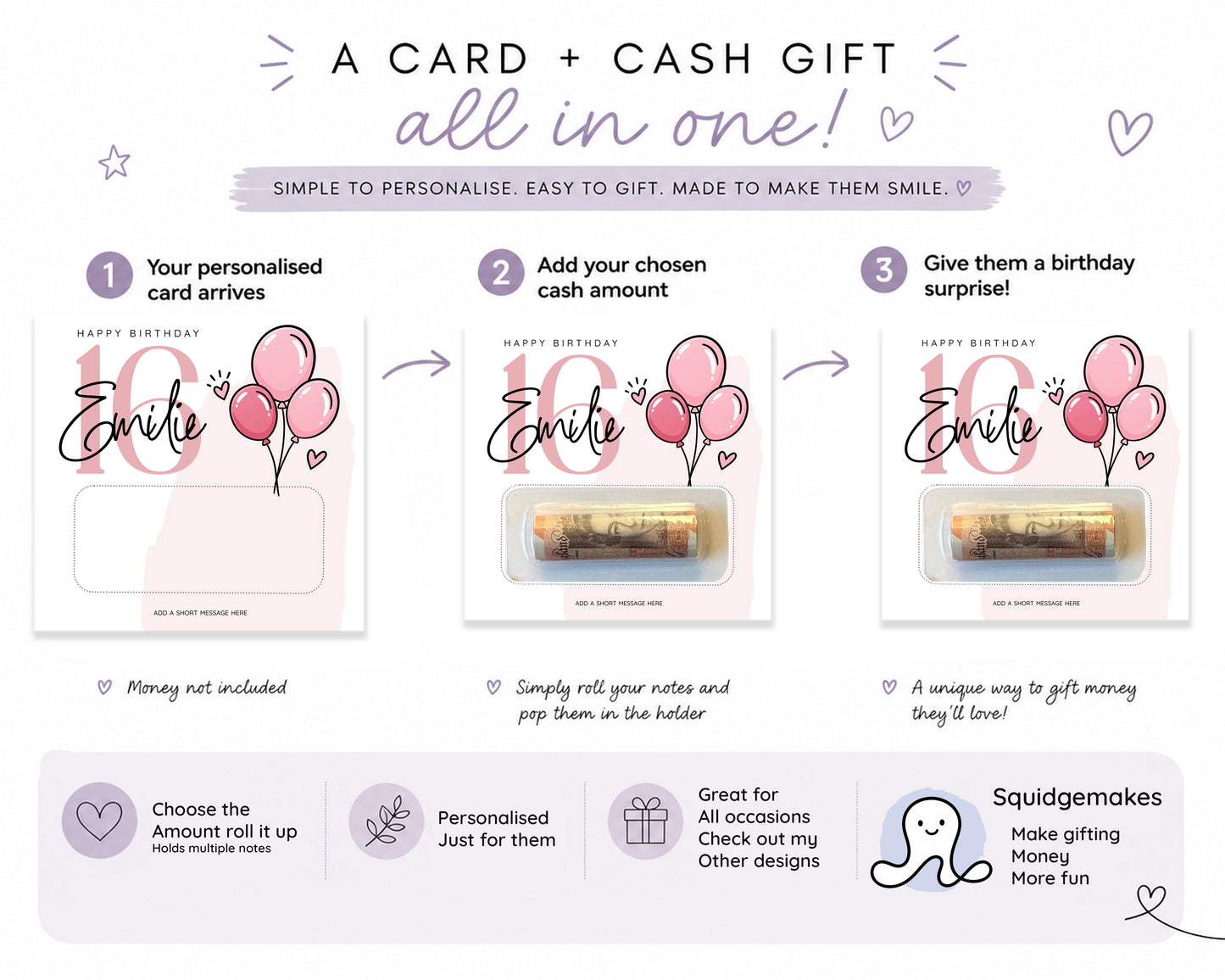 Personalised Birthday Money Holder, Any Age Cash Gift Card, Choose Your Design, Men Women Kids