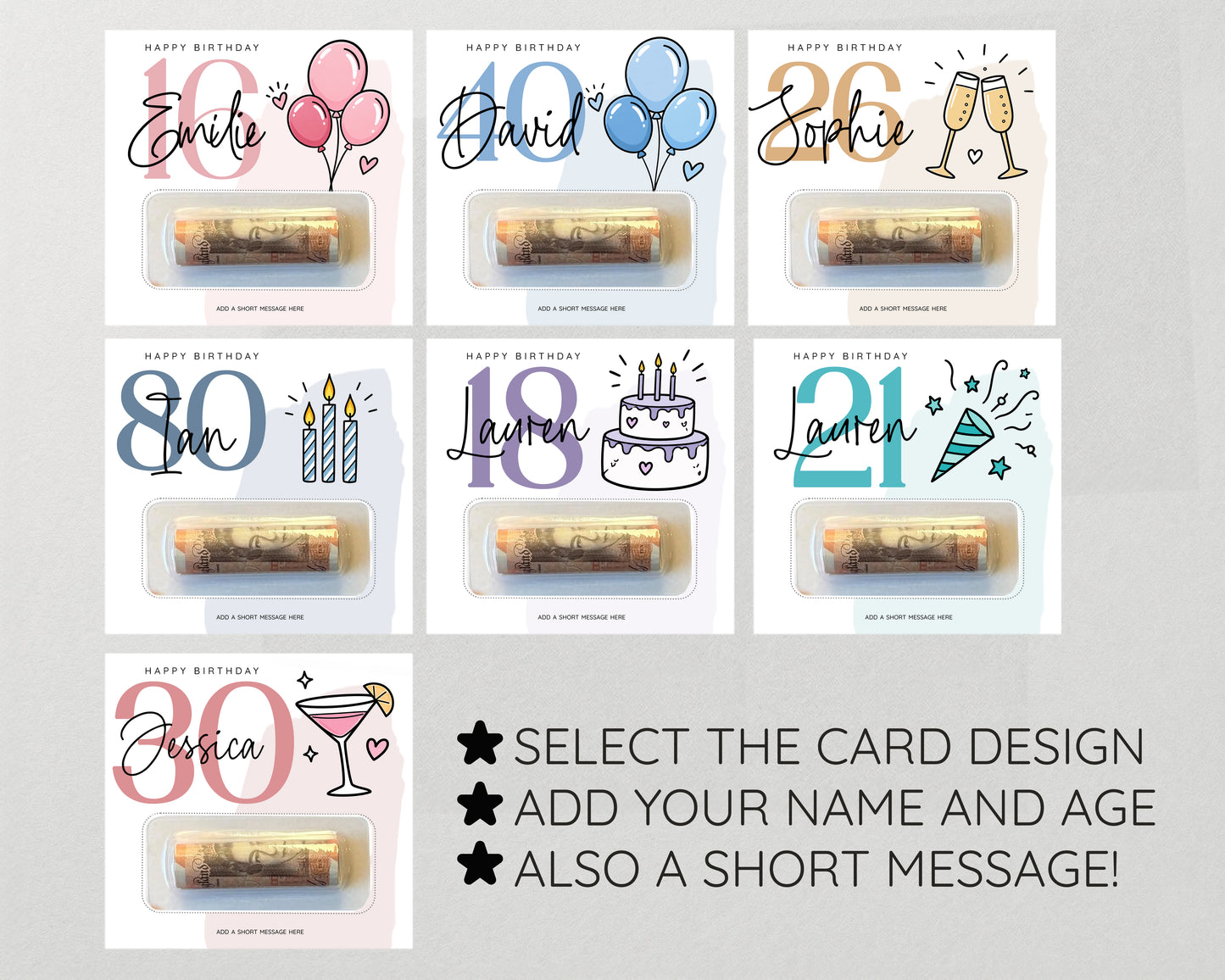 Personalised Birthday Money Holder, Any Age Cash Gift Card, Choose Your Design, Men Women Kids