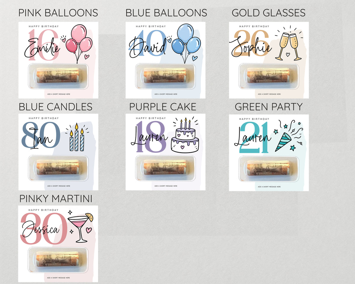 Personalised Birthday Money Holder, Any Age Cash Gift Card, Choose Your Design, Men Women Kids