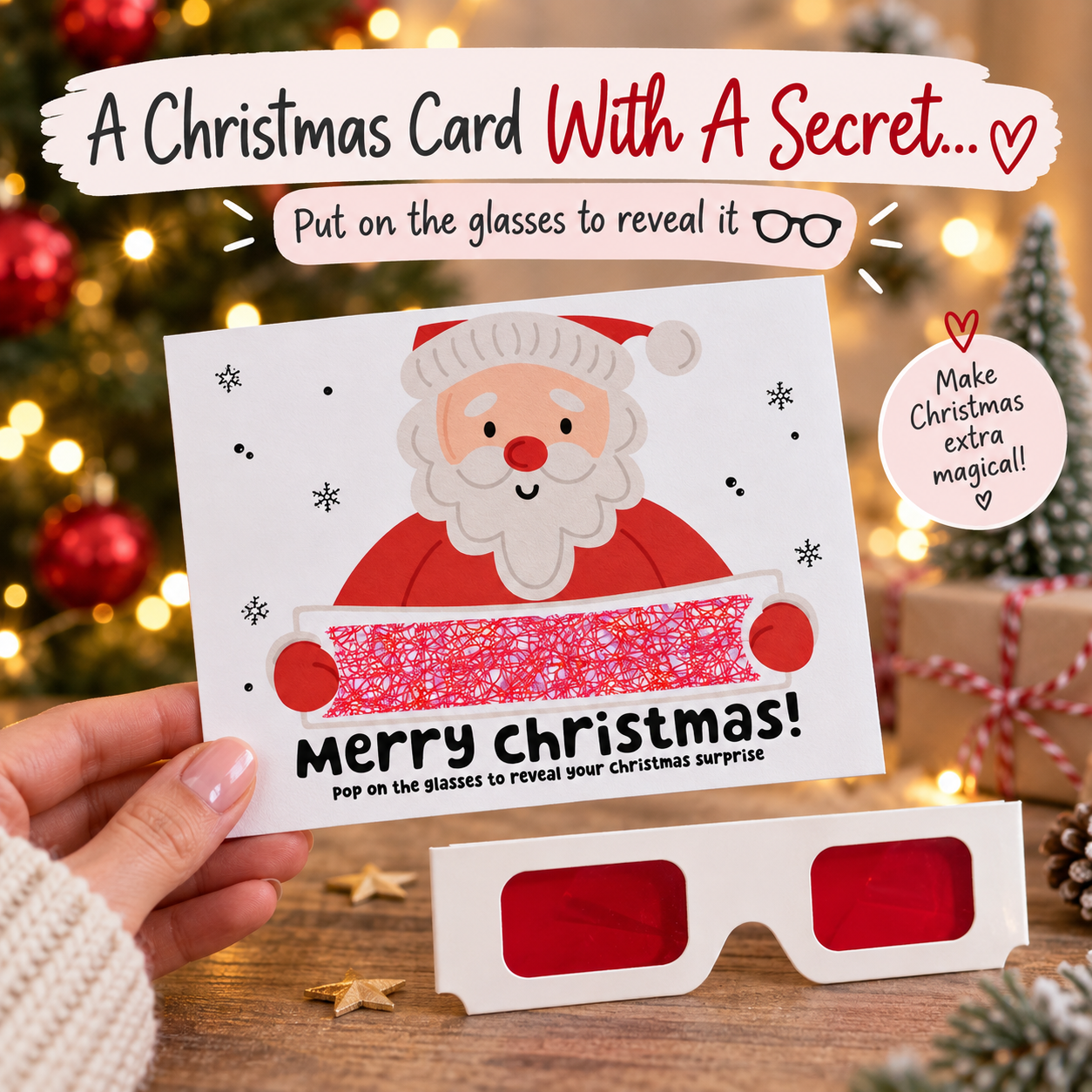 Personalised Christmas Reveal Card with 3D Glasses – Santa Surprise Message • Trip or Gift Reveal
