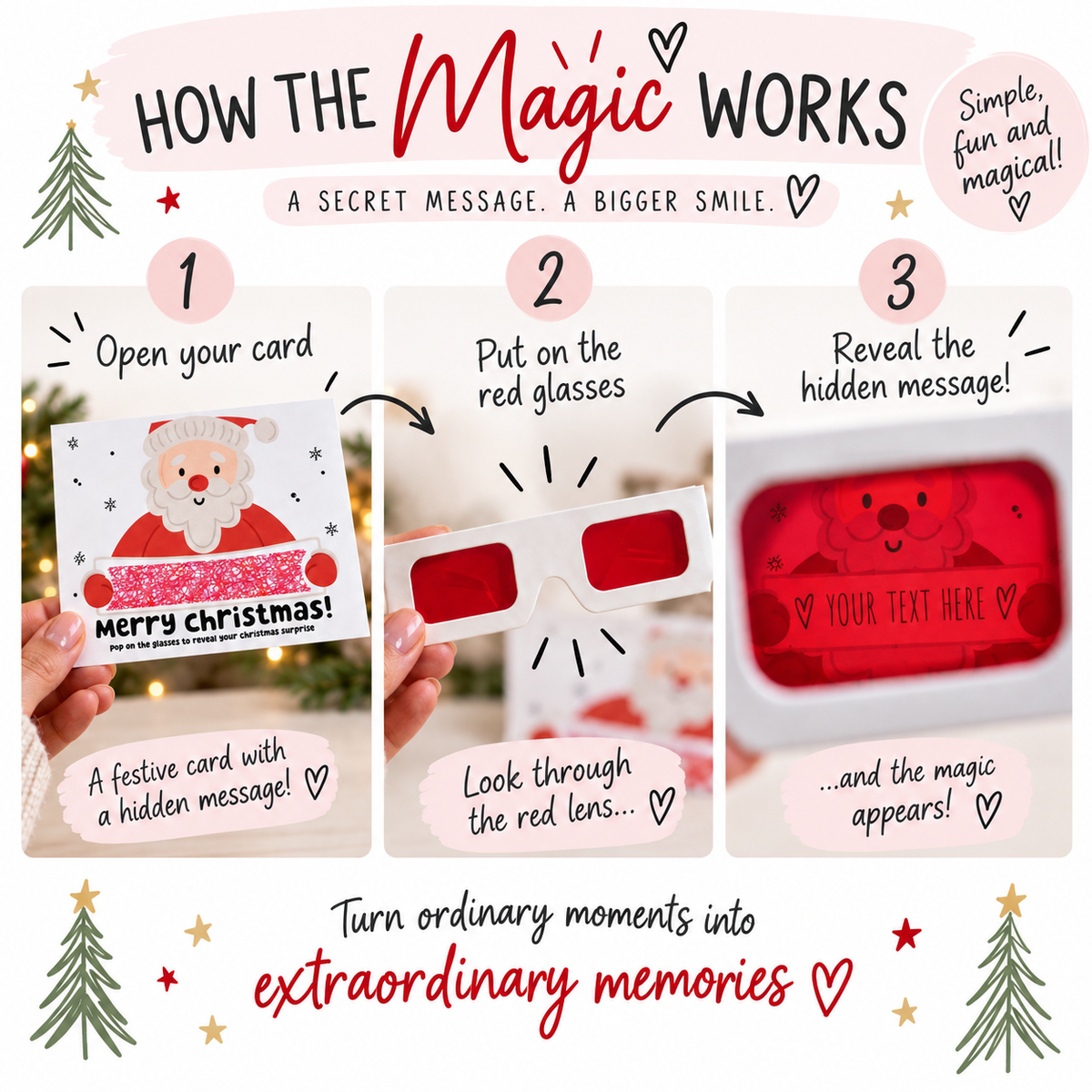 Personalised Christmas Reveal Card with 3D Glasses – Santa Surprise Message • Trip or Gift Reveal